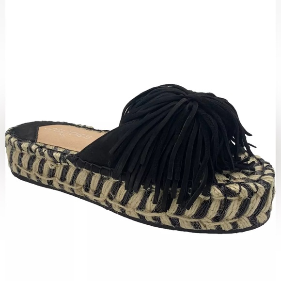J/Slides NYC Pom Pom Ruby Leather Slide Black Espadrille NWOT - Picture 1 of 3
